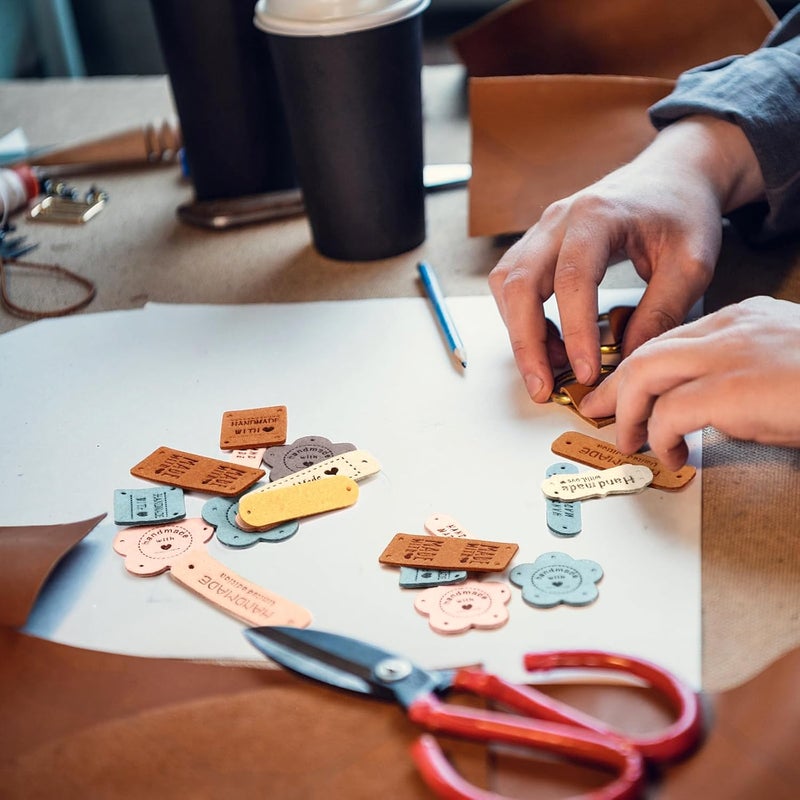 Draupnir Handmade Leather Labels, 56 pcs Handmade Leather Labels for Crochet, Artificial Colorful Leather Labels with Love Hearts for Handmade Items Embossed Sew on Tag Crochet Knit DIY Jeans Bags Shoes Hat - Image 5